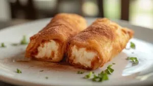 Close-up of two cinnamon-sugar-coated Xango dessert rolls on a white plate, garnished with green herbs