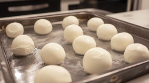 Round marshmallow pieces setting on a greased baking tray