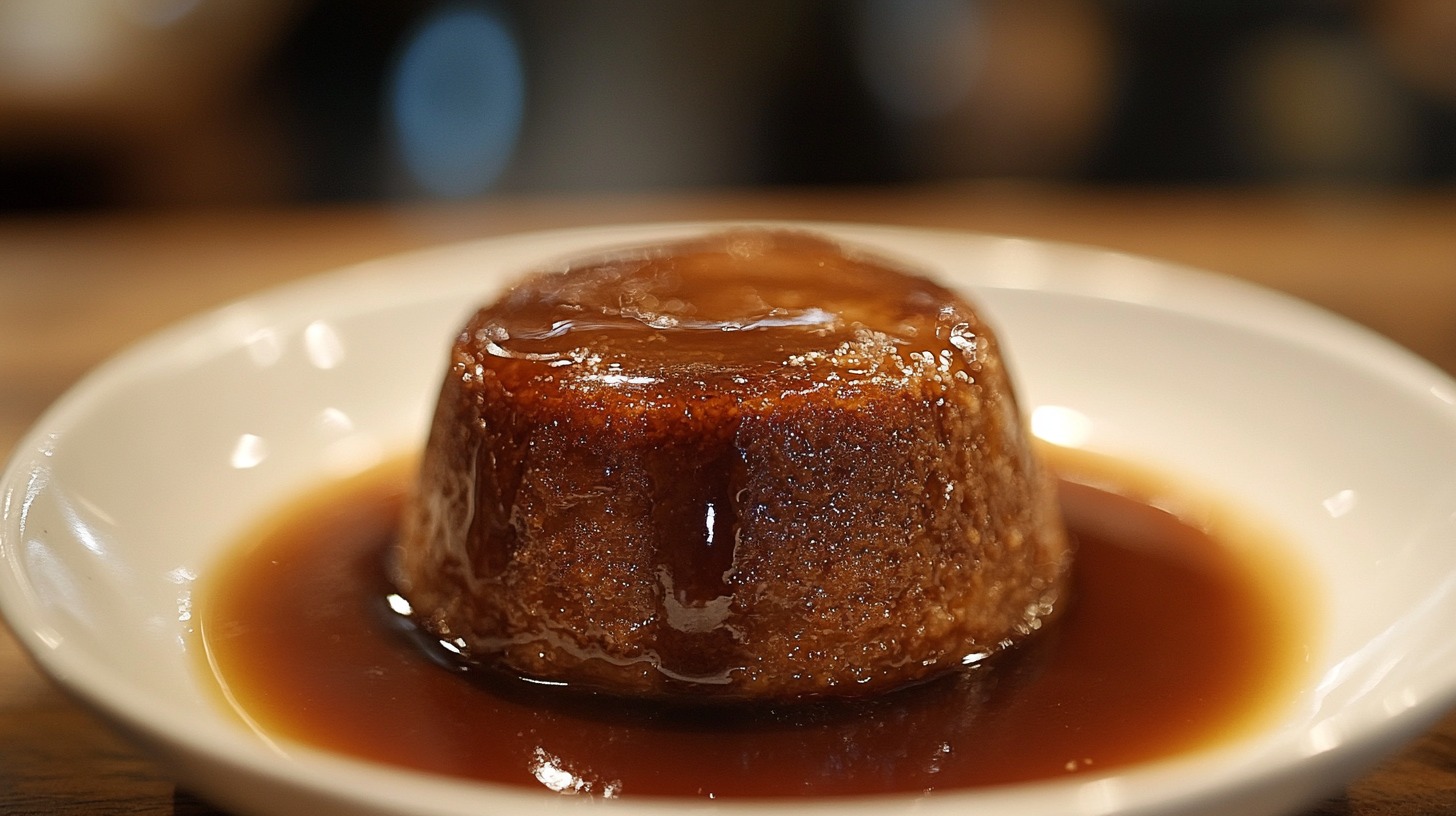 A sticky toffee pudding on a white plate, covered in caramel sauce