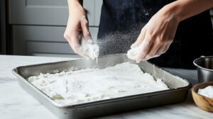 Hands dusting powdered sugar over marshmallows in a metal baking tray on a marble countertop