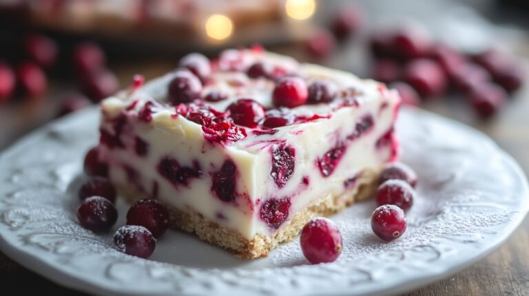 A cranberry dessert bar with a creamy white filling and red cranberries on a crumbly crust, garnished with fresh cranberries on a white plate