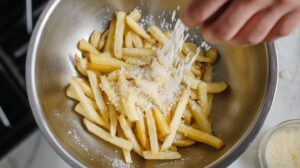 Hand sprinkling Parmesan cheese over a bowl of freshly cooked French fries