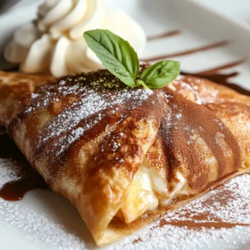 A folded dessert crepe garnished with powdered sugar, chocolate drizzle, a sprig of basil, and served with whipped cream on a white plate