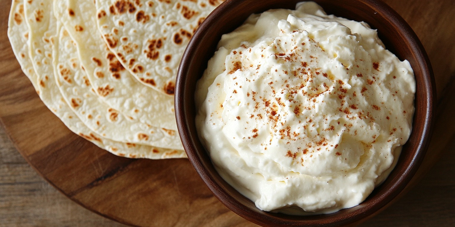 A bowl of creamy cheesecake filling sprinkled with cinnamon next to soft flour tortillas on a wooden board