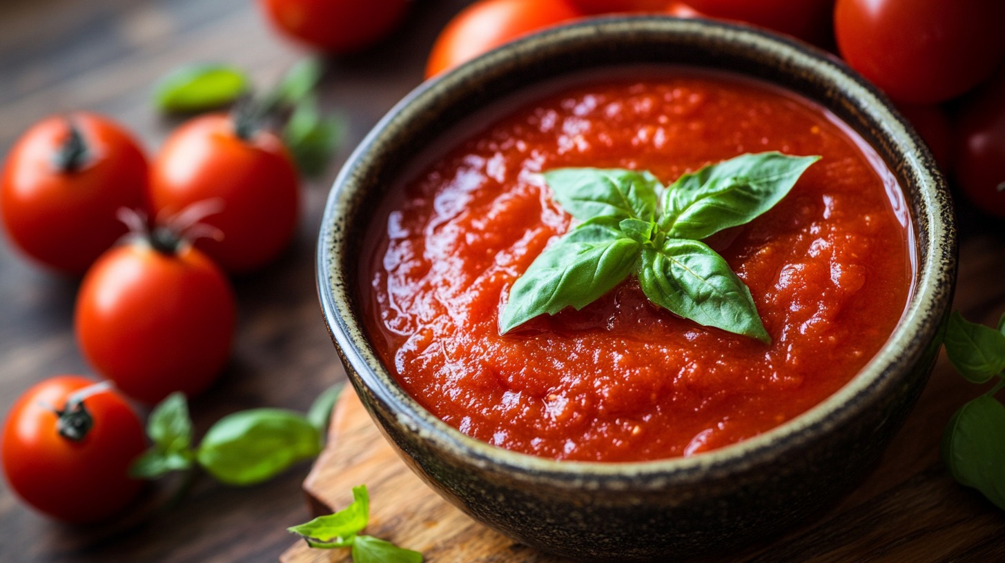 A bowl of vibrant red tomato sauce garnished with fresh basil, surrounded by ripe tomatoes and basil leaves