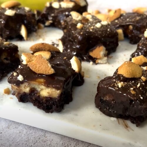 Decadent chocolate brownies, topped with a rich chocolate glaze and buttery cookies