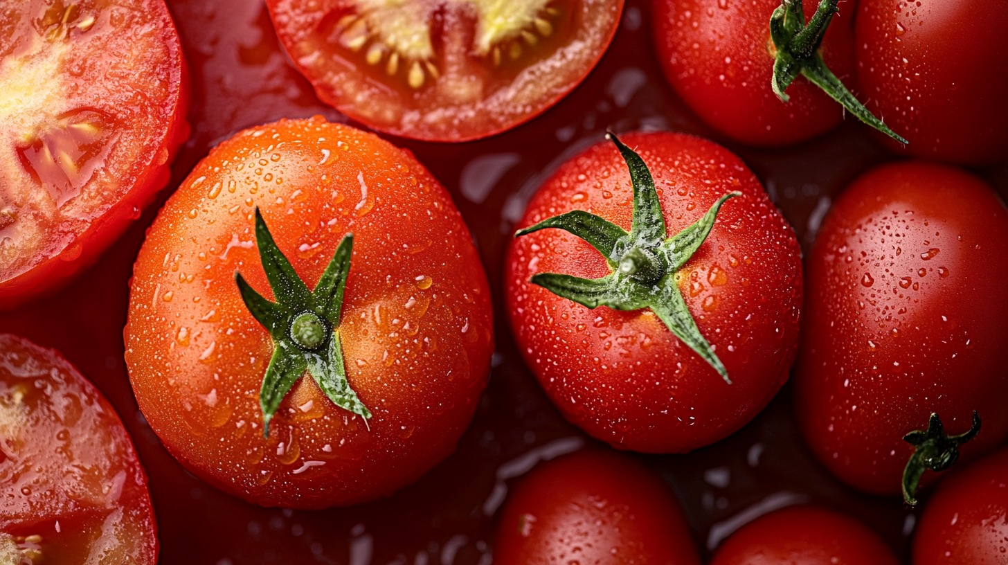 Close-up of fresh and sliced tomatoes with water droplets