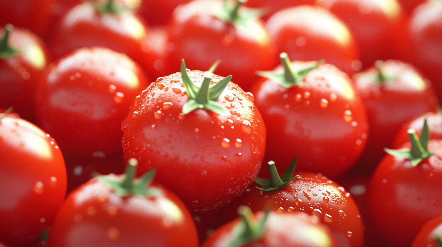 Close-up of fresh cherry tomatoes with water droplets on their surface