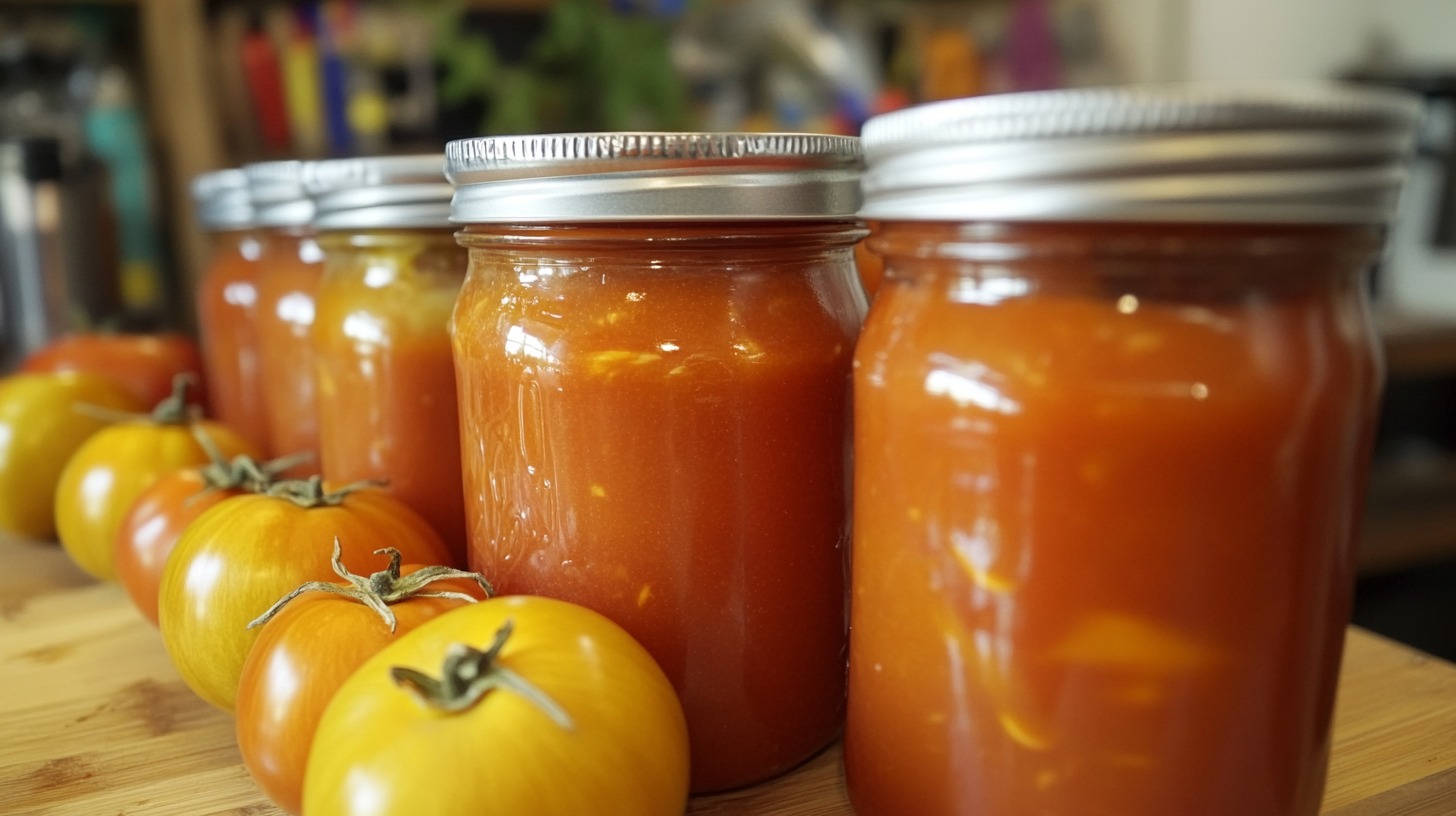 Glass jars filled with homemade tomato sauce, surrounded by ripe yellow and red tomatoes on a wooden surface.