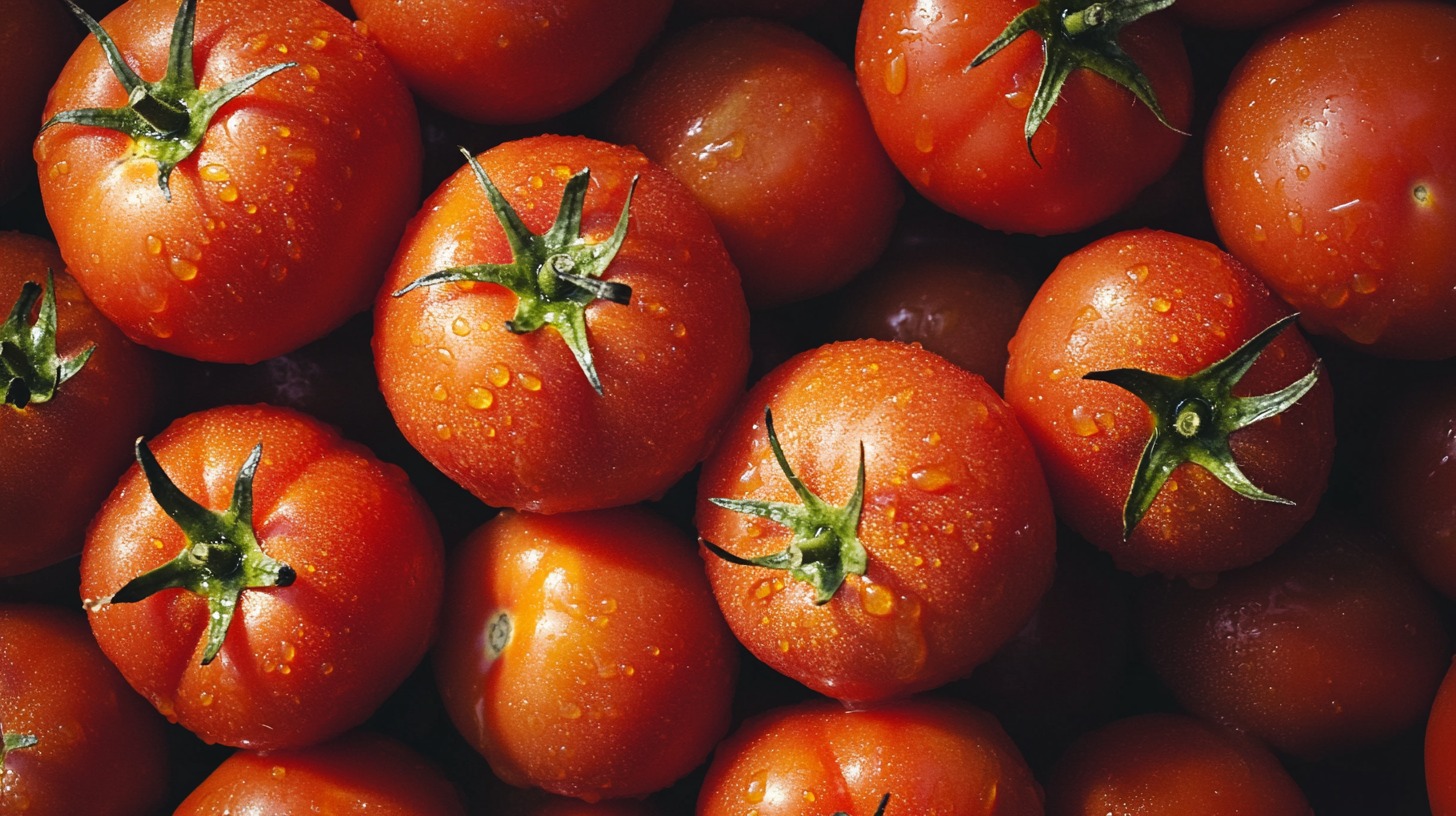 Close-up of ripe, red tomatoes with water droplets on their skin