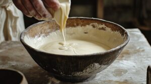 A rustic wooden bowl filled with pancake batter, with someone pouring liquid into it while flour dusts the surface