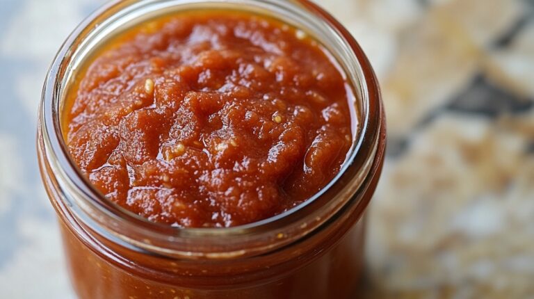 Close-up of a jar filled with thick, homemade tomato sauce