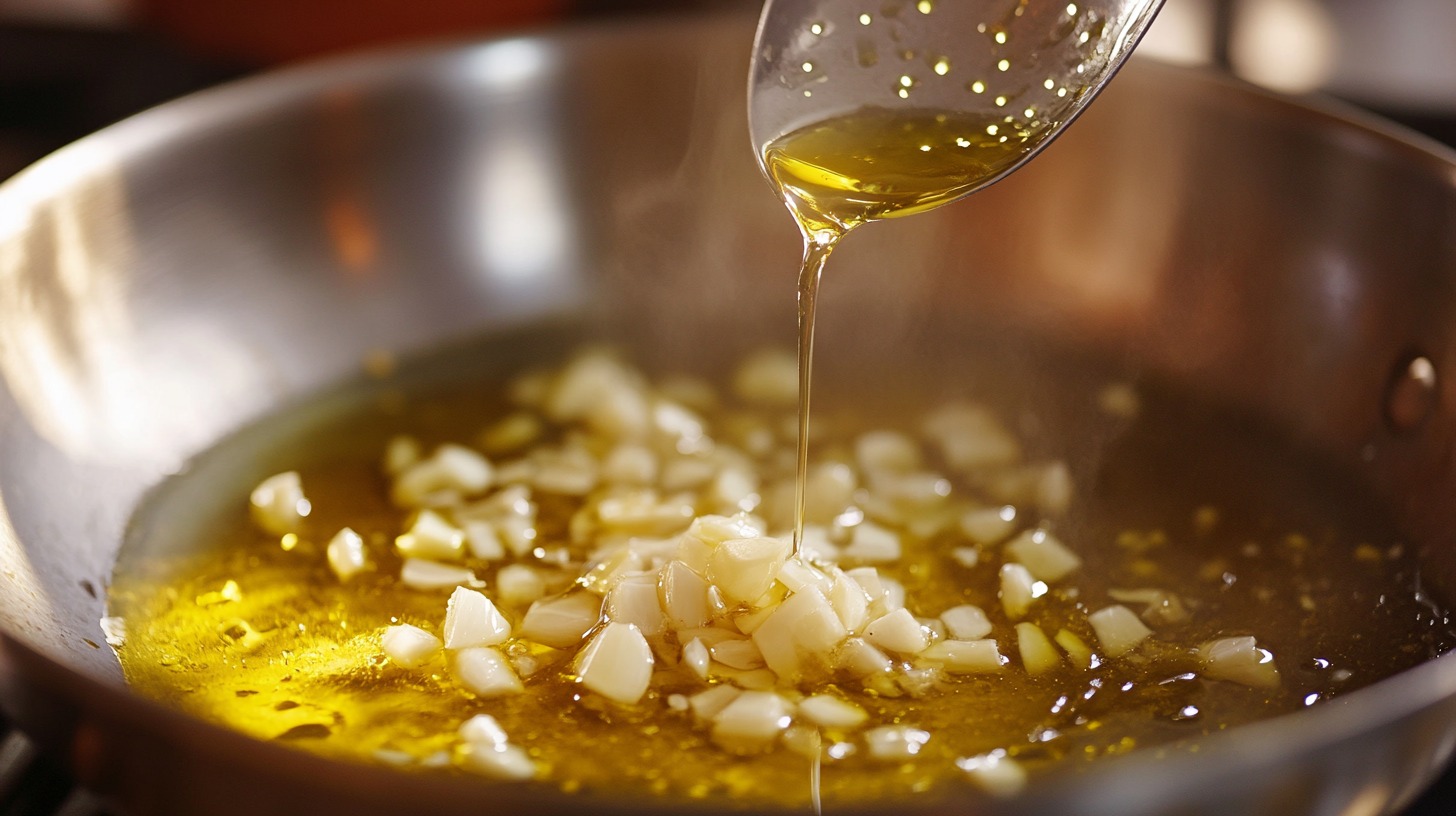 Chopped garlic being sautéed in olive oil in a pan