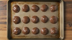 A baking sheet lined with scoops of glossy Nutella cookie dough, evenly spaced and ready to be baked.