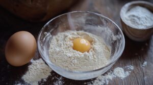 A glass bowl filled with flour and a raw egg yolk in the center, surrounded by scattered flour and an uncracked egg on a wooden surface