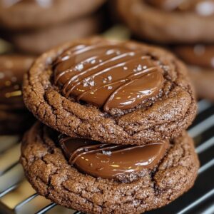 Close-up of freshly baked Nutella cookies topped with melted chocolate drizzle and a touch of sea salt, stacked on a cooling rack