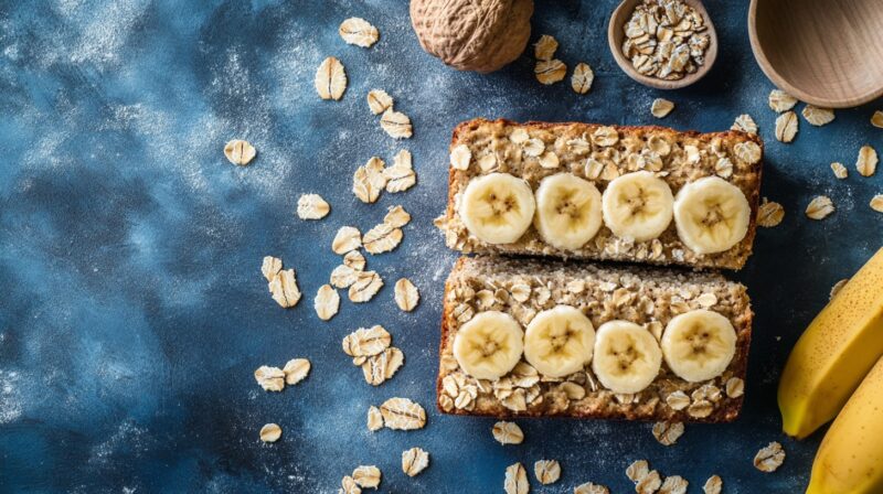 A loaf of banana oat bread sliced in half, topped with oats and banana slices, surrounded by scattered oats, walnuts, and whole bananas on a dark blue surface