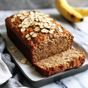 A loaf of banana oat bread topped with rolled oats, with a slice cut to reveal its moist texture. A ripe banana sits in the background on a marble surface