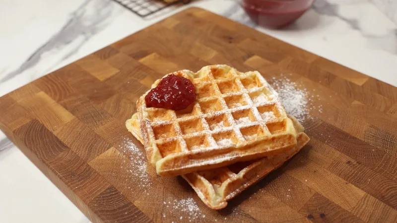 Two Golden-Brown Cottage Cheese Waffles on A Wooden Board