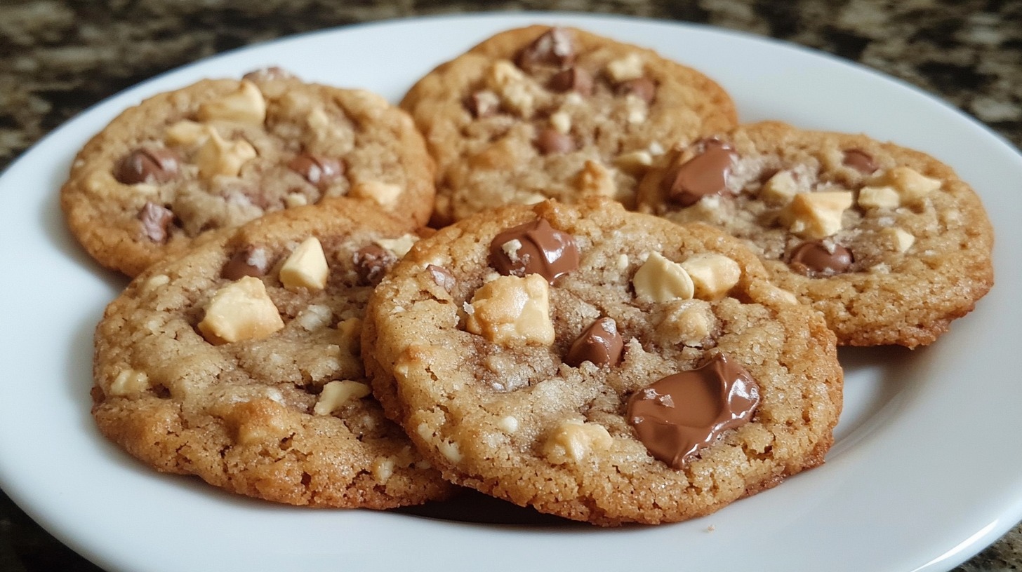 A plate of freshly baked cookies with chocolate chips and white chocolate chunks, sitting on a white dish on a kitchen countertop