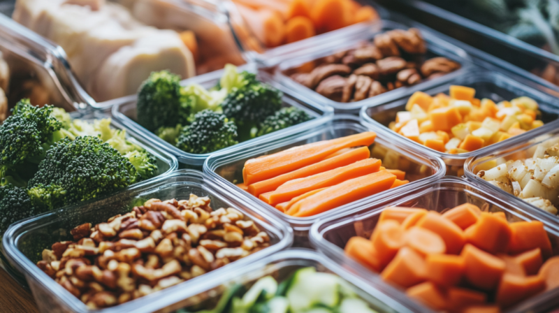 Colorful Containers Filled with Fresh Vegetables, Nuts, and Healthy Foods, Perfect for Healthy Meal Planning