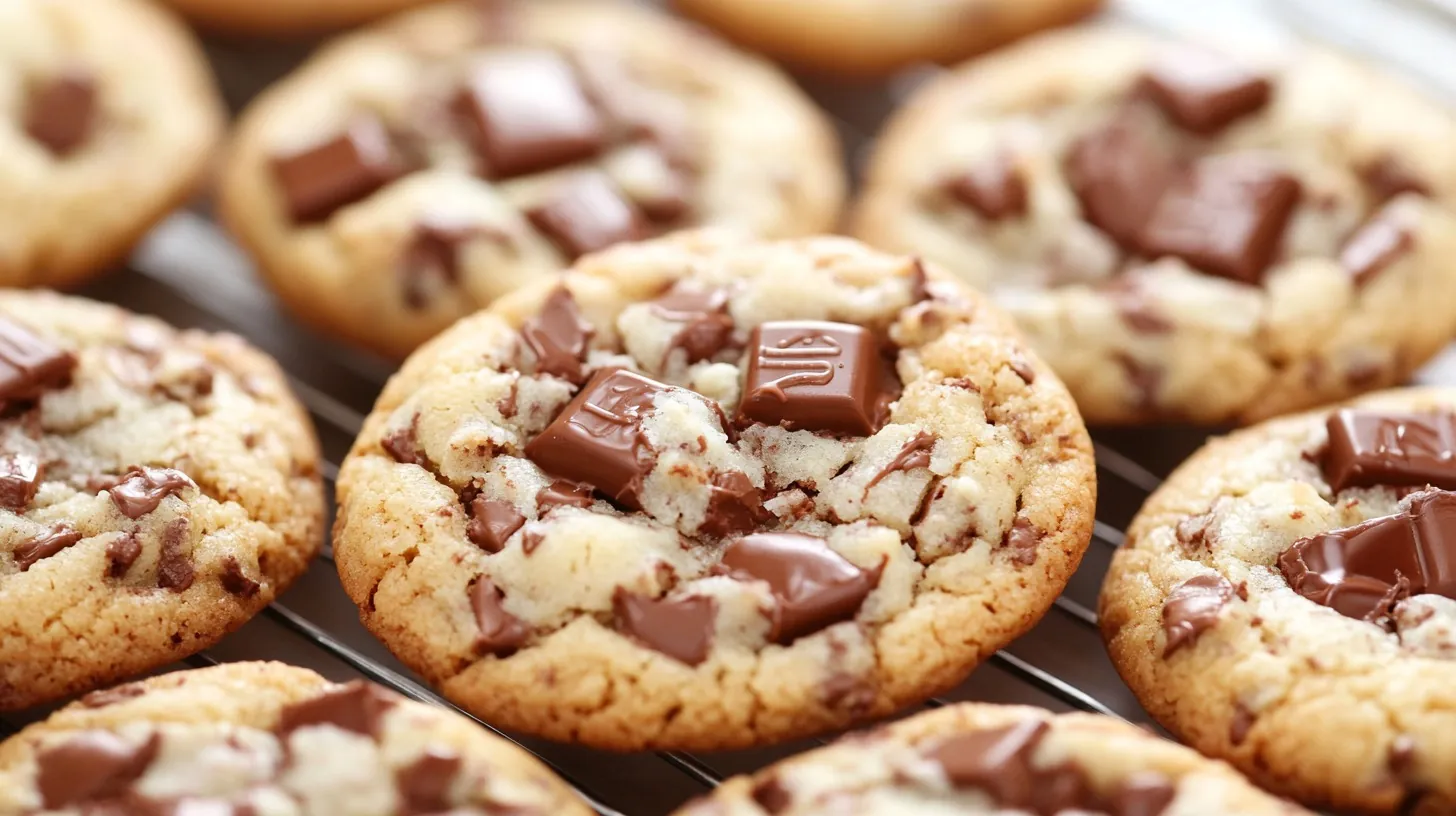 Close-up of freshly baked chocolate chip cookies with large chocolate chunks, cooling on a wire rack