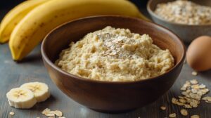 A wooden bowl filled with banana oat bread batter, topped with raw oats, with ripe bananas, sliced banana pieces, and eggs in the background