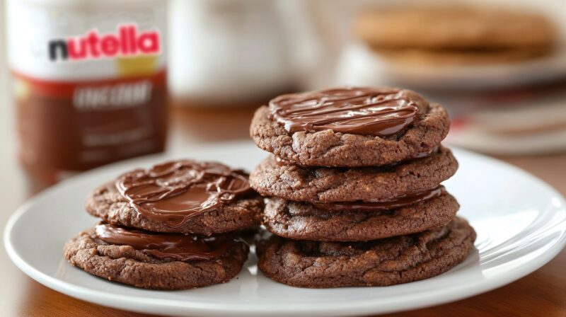 A stack of freshly baked Nutella cookies on a white plate, drizzled with melted Nutella, with a jar of Nutella in the background