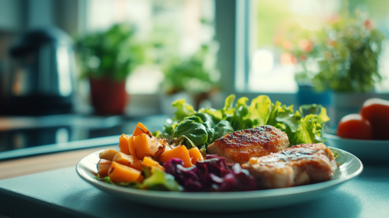 A Plate of Grilled Chicken with Fresh Leafy Greens, Colorful Vegetables, and Vibrant Salad